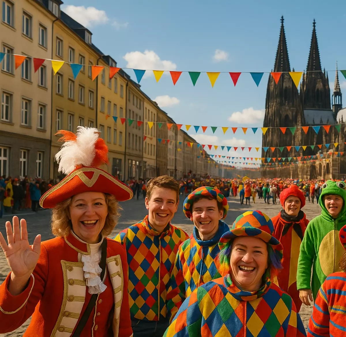 Ein Karnevalsszenario bei Tag: im Hintergrund steht der Kölner Dom, im Vordergrund sind feiernde Karnevalisten zu sehen. Alle sehen glücklich aus und sind kunterbund gekleidet.
